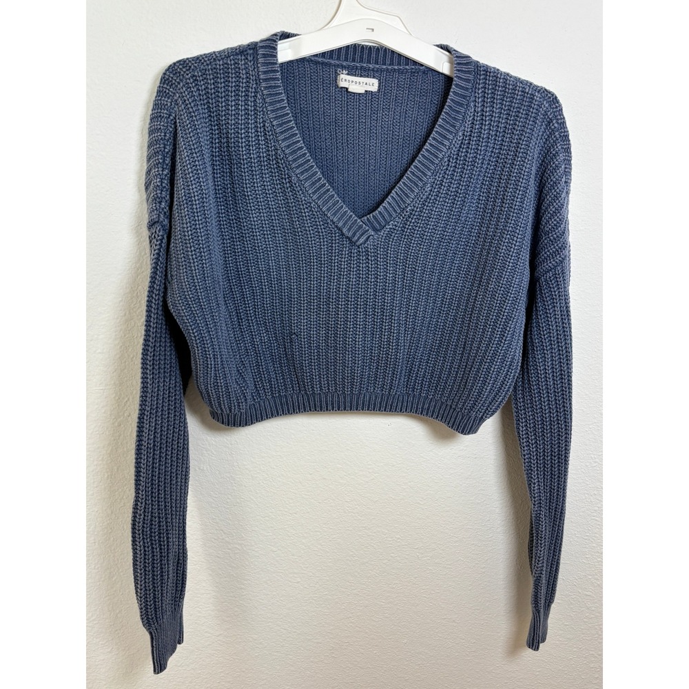 Aeropostale Womens XS Blue Shaker Knit V-Neck Cropped Pullover Sweater
